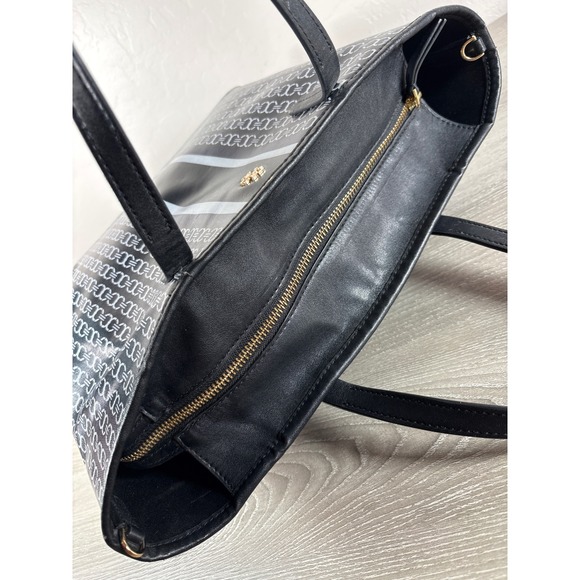 Tory Burch Gemini Link Tote Bag Black White Coated Canvas Leather Zip Top *READ - Picture 7 of 8